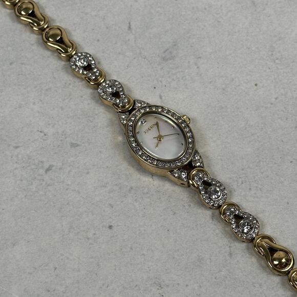 Elgin Watch Womens 19mmOval Gold Tone MOP Crystal Bezel Band Formal New Battery - Picture 7 of 10